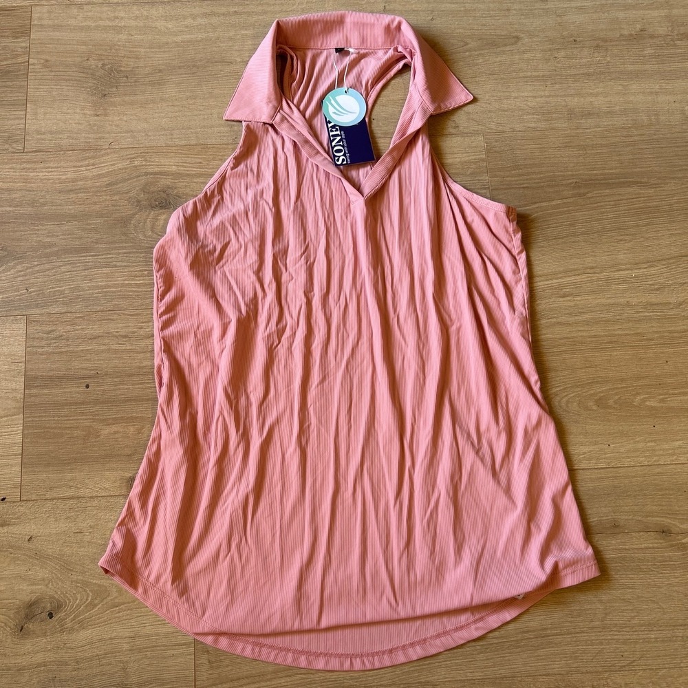 Soneven Womens Golf Tank Top Pink Ribbed Racerback Polo Collar Sleeveless L
